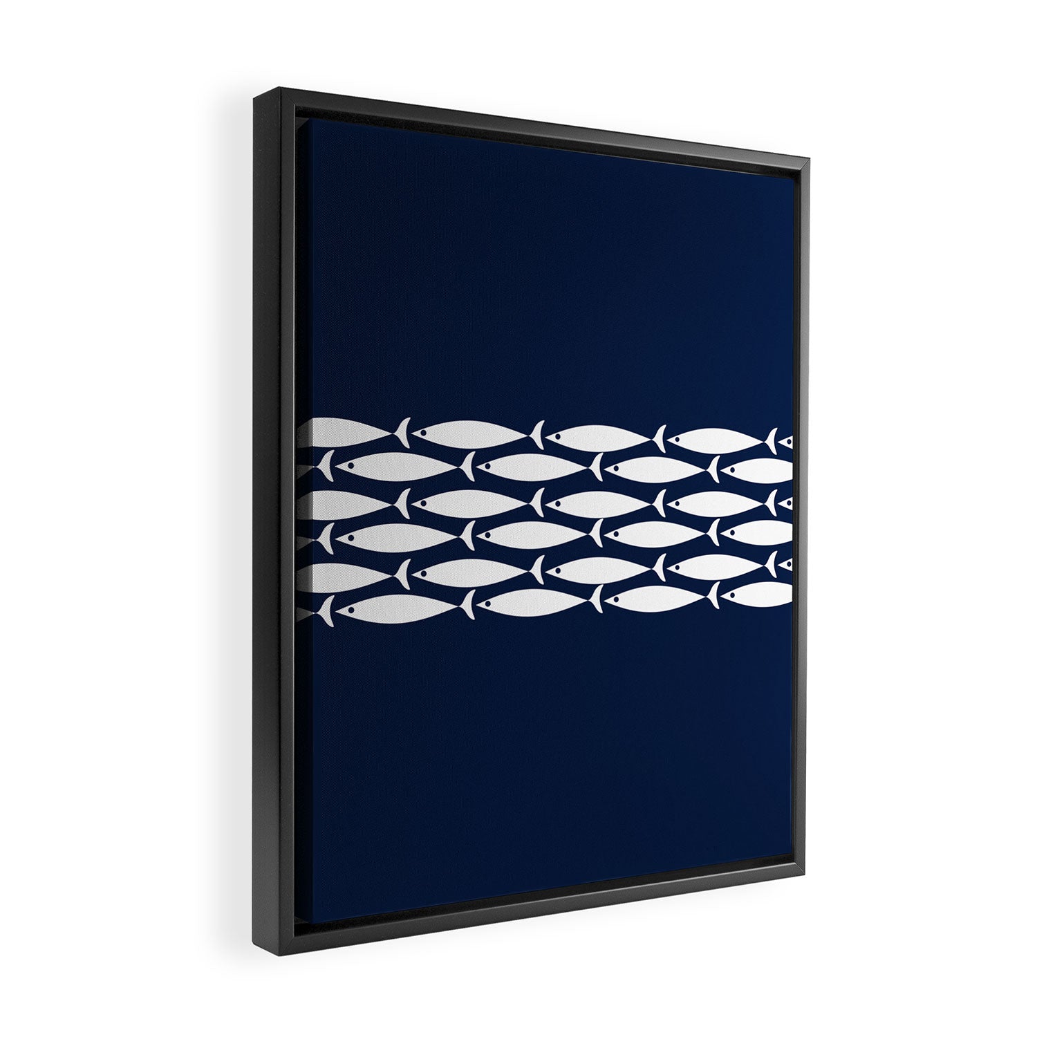 Fish Stripe 6 Minimalist Midcentury Modern Ocean Pattern in White and Nautical Navy Blue Framed Canvas Print Gallery Image 2
