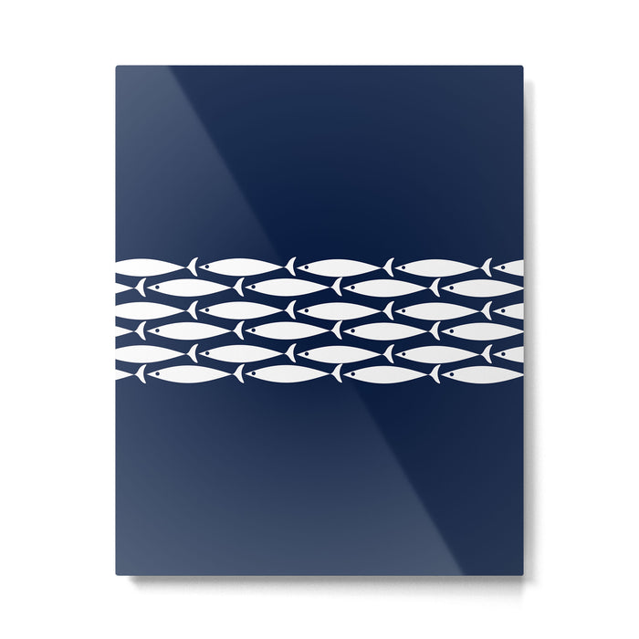 Fish Stripe 6 Minimalist Midcentury Modern Ocean Pattern in White and Nautical Navy Blue Metal Print Gallery Image 1