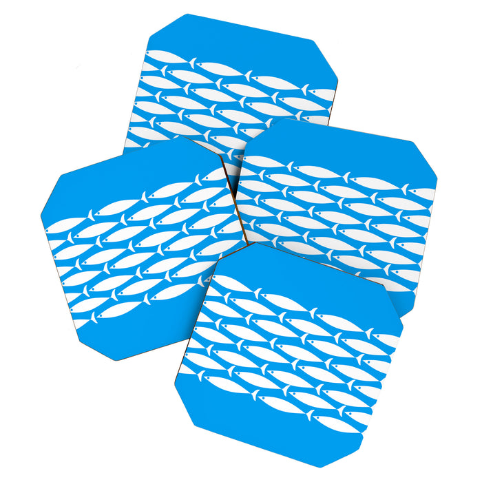 Fish Stripe 8 Blue and White Minimal Mid Century Modern Pattern Coaster Gallery Image 1