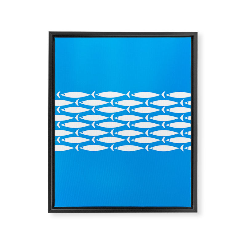 Fish Stripe 8 Blue and White Minimal Mid Century Modern Pattern Framed Canvas Print Gallery Image 8