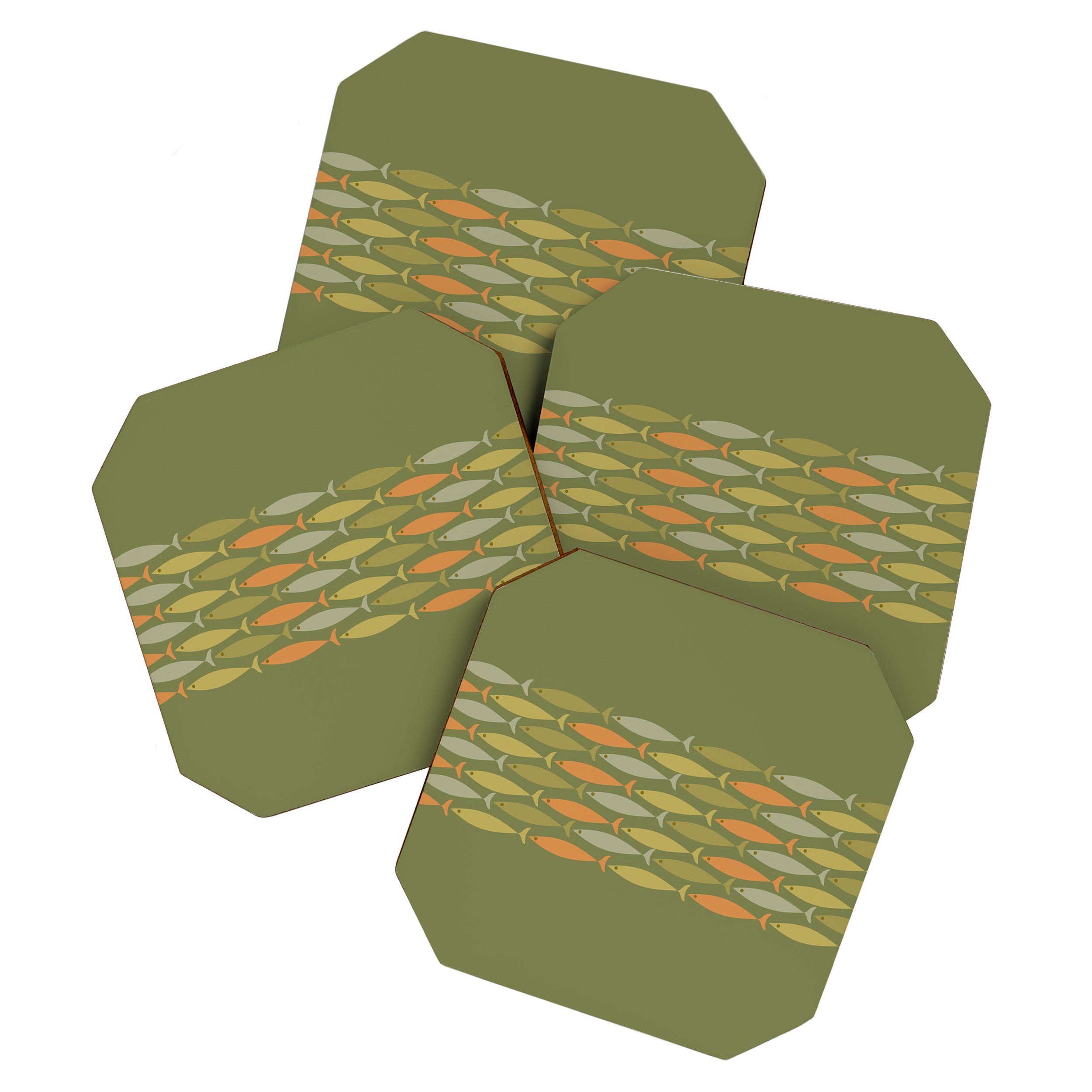 Fish Stripe 8 Mid Century Modern Minimalist Olive Green, Celadon, and Orange Coaster Gallery Image 1