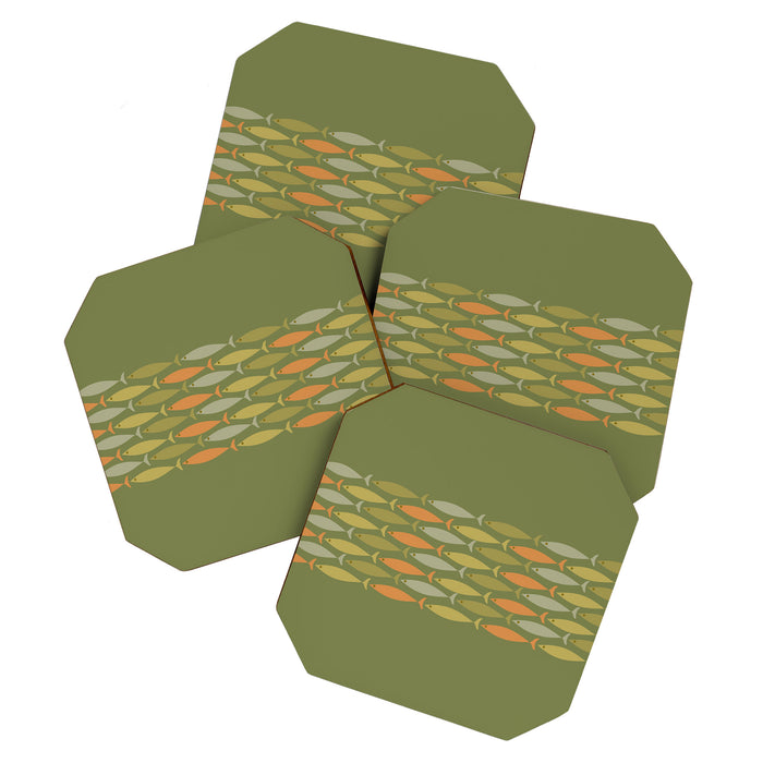 Fish Stripe 8 Mid Century Modern Minimalist Olive Green, Celadon, and Orange Coaster Gallery Image 1