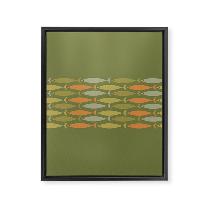 Fish Stripe 8 Mid Century Modern Minimalist Olive Green, Celadon, and Orange Framed Canvas Print Gallery Image 1