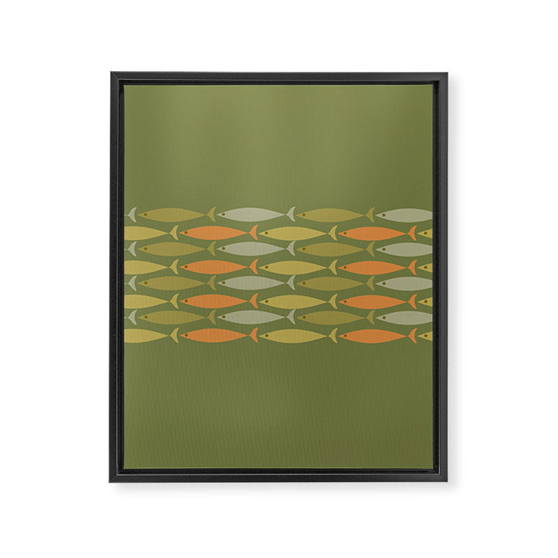 Fish Stripe 8 Mid Century Modern Minimalist Olive Green, Celadon, and Orange Framed Canvas Print Gallery Image 8