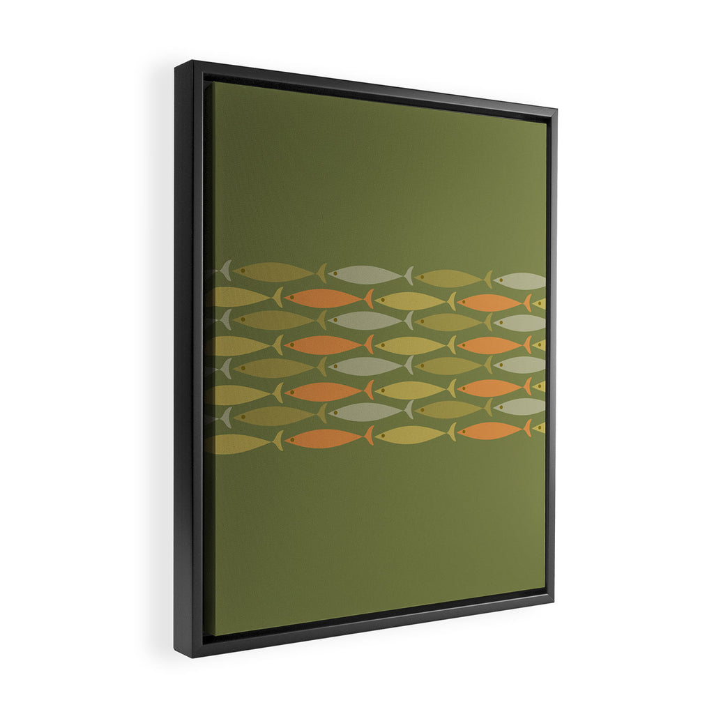Fish Stripe 8 Mid Century Modern Minimalist Olive Green, Celadon, and Orange Framed Canvas Print Gallery Image 2