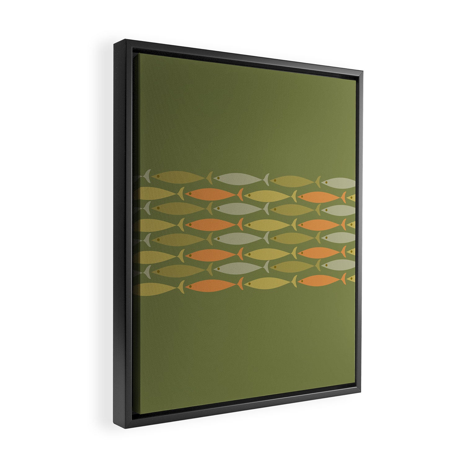 Fish Stripe 8 Mid Century Modern Minimalist Olive Green, Celadon, and Orange Framed Canvas Print Gallery Image 2