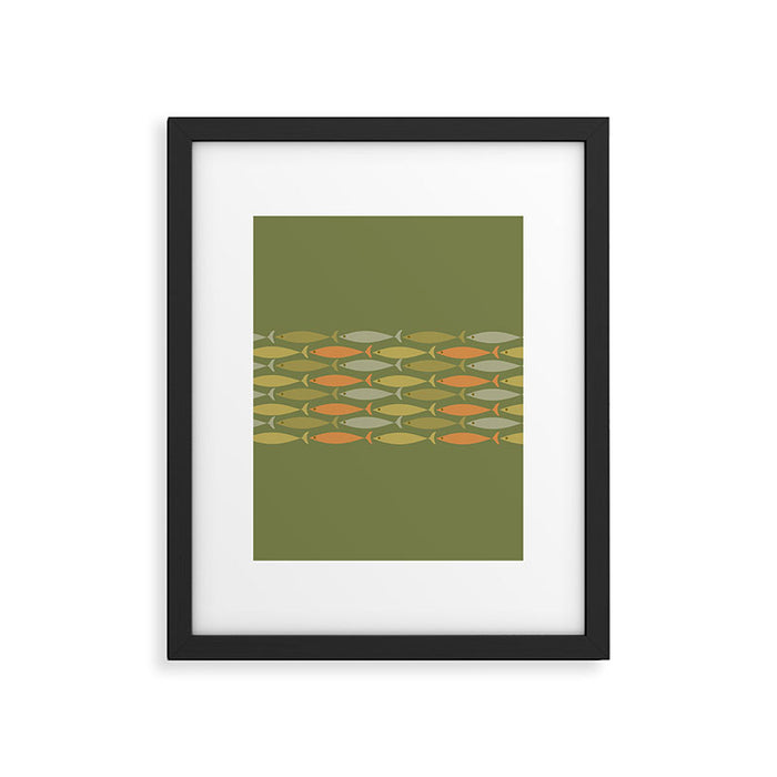 Fish Stripe 8 Mid Century Modern Minimalist Olive Green, Celadon, and Orange Framed Art Print Gallery Image 1