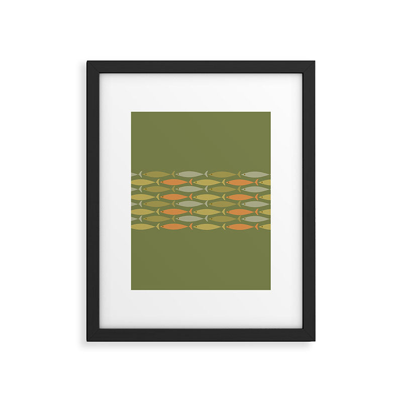 Fish Stripe 8 Mid Century Modern Minimalist Olive Green, Celadon, and Orange Framed Art Print Gallery Image 6