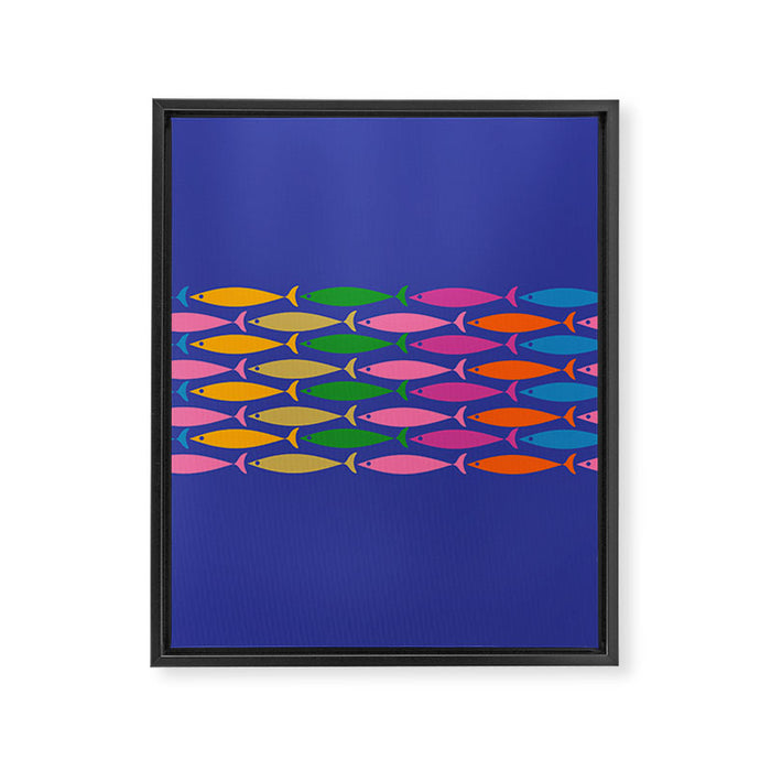 Fish Stripe Colorful Vivid Minimal Mid Century Modern Ocean Pattern on Blue Framed Canvas Print Gallery Image 1
