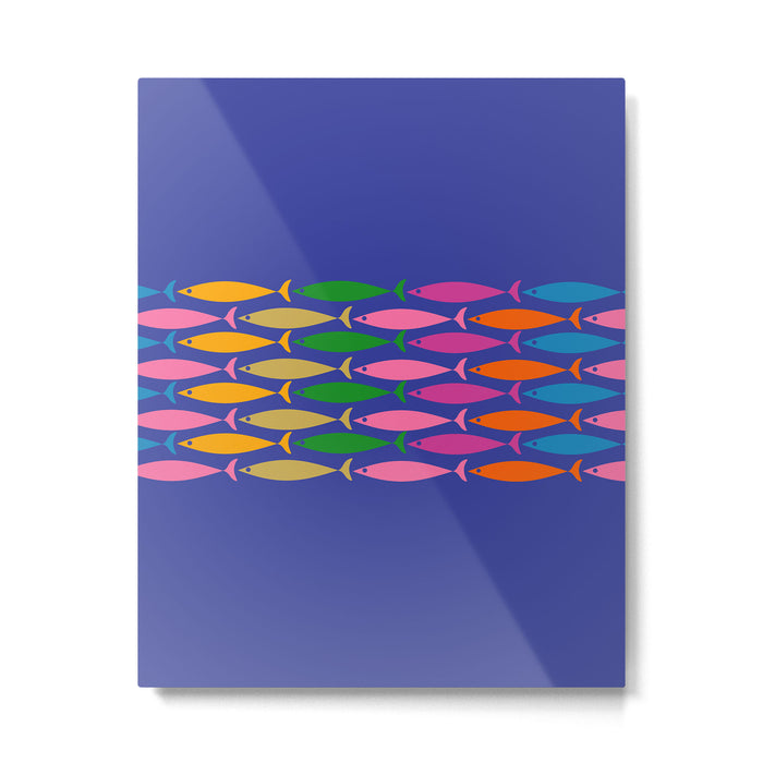 Fish Stripe Colorful Vivid Minimal Mid Century Modern Ocean Pattern on Blue Metal Print Gallery Image 1
