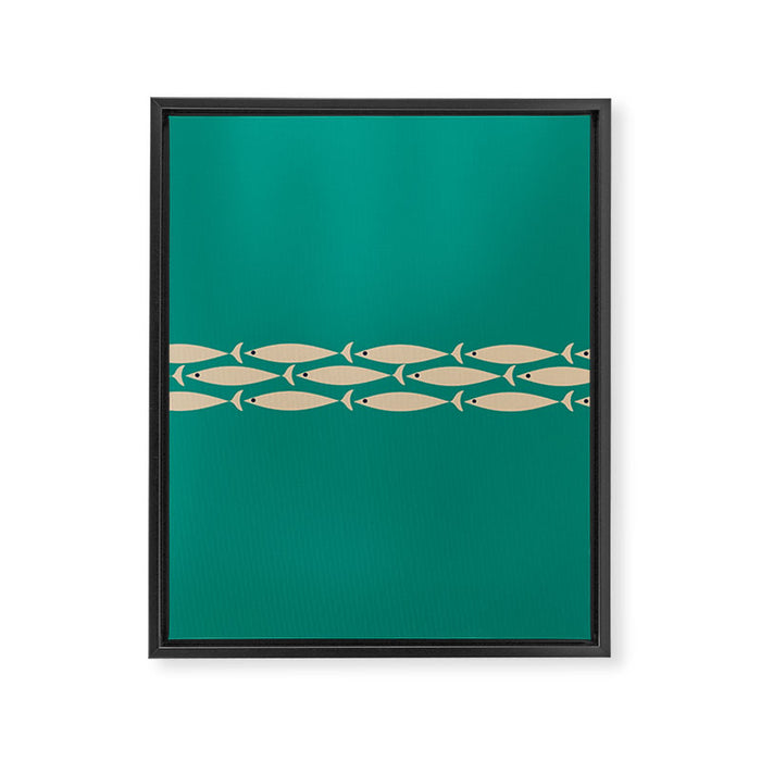 Fish Stripe III - Midcentury Modern Minimalist Beige and Teal Framed Canvas Print Gallery Image 1