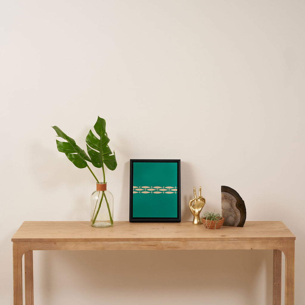 Fish Stripe III - Midcentury Modern Minimalist Beige and Teal Framed Canvas Print Gallery Image 4