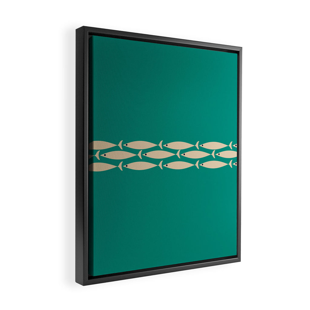 Fish Stripe III - Midcentury Modern Minimalist Beige and Teal Framed Canvas Print Gallery Image 2