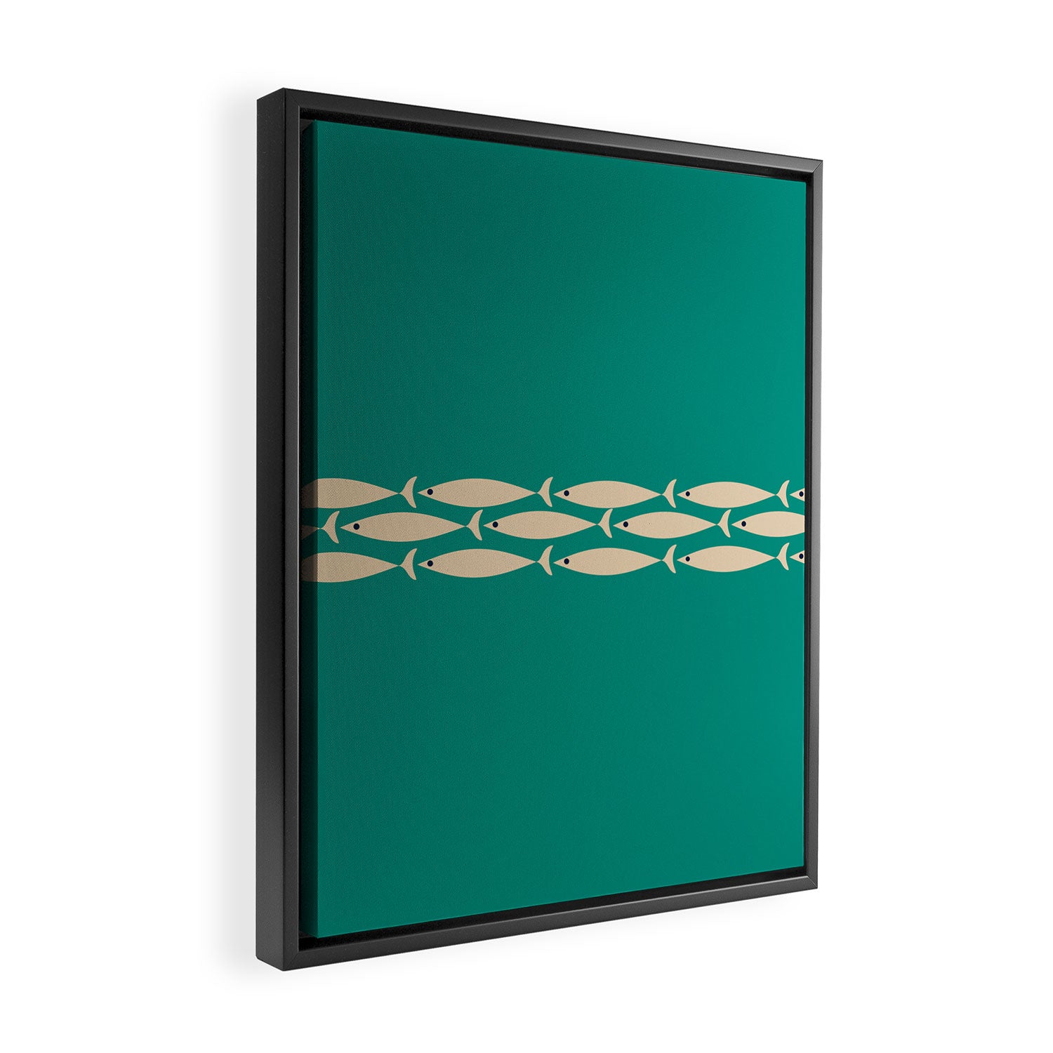 Fish Stripe III - Midcentury Modern Minimalist Beige and Teal Framed Canvas Print Gallery Image 2