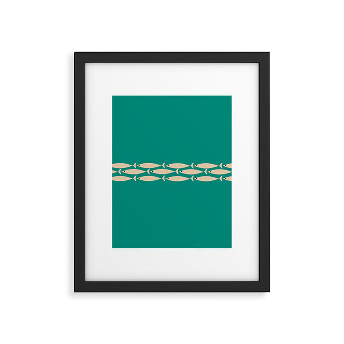 Fish Stripe III - Midcentury Modern Minimalist Beige and Teal Framed Art Print Gallery Image 1