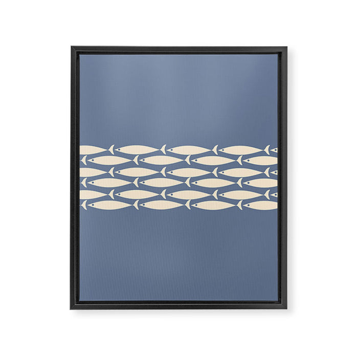 Fish Stripe - Mid Century Modern Minimalism in Stone Blue and Cream Framed Canvas Print Gallery Image 1
