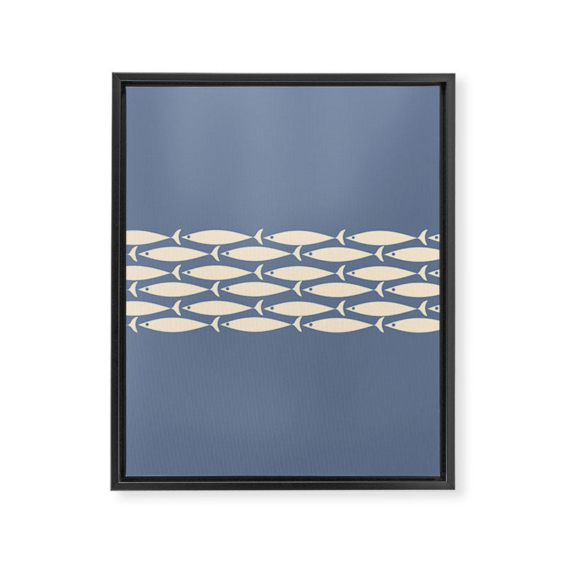 Fish Stripe - Mid Century Modern Minimalism in Stone Blue and Cream Framed Canvas Print Gallery Image 8
