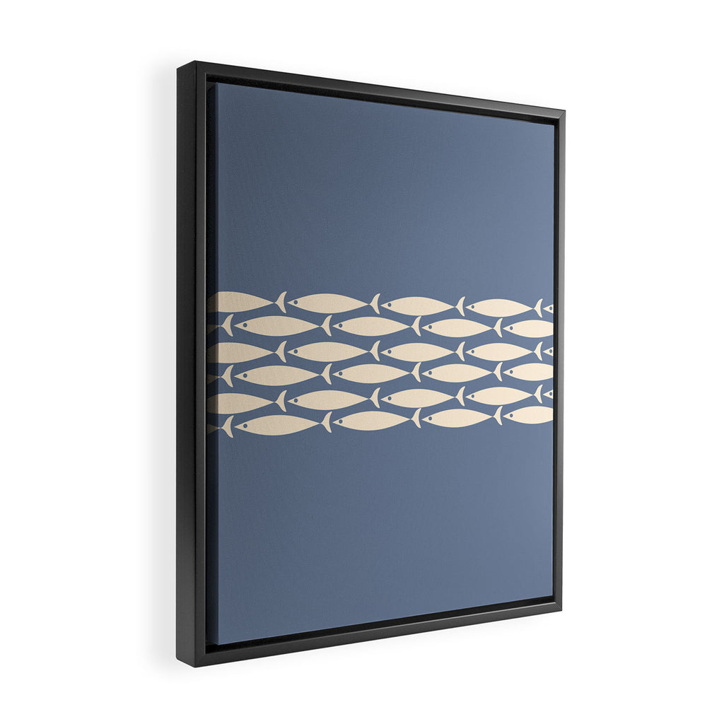 Fish Stripe - Mid Century Modern Minimalism in Stone Blue and Cream Framed Canvas Print Gallery Image 2