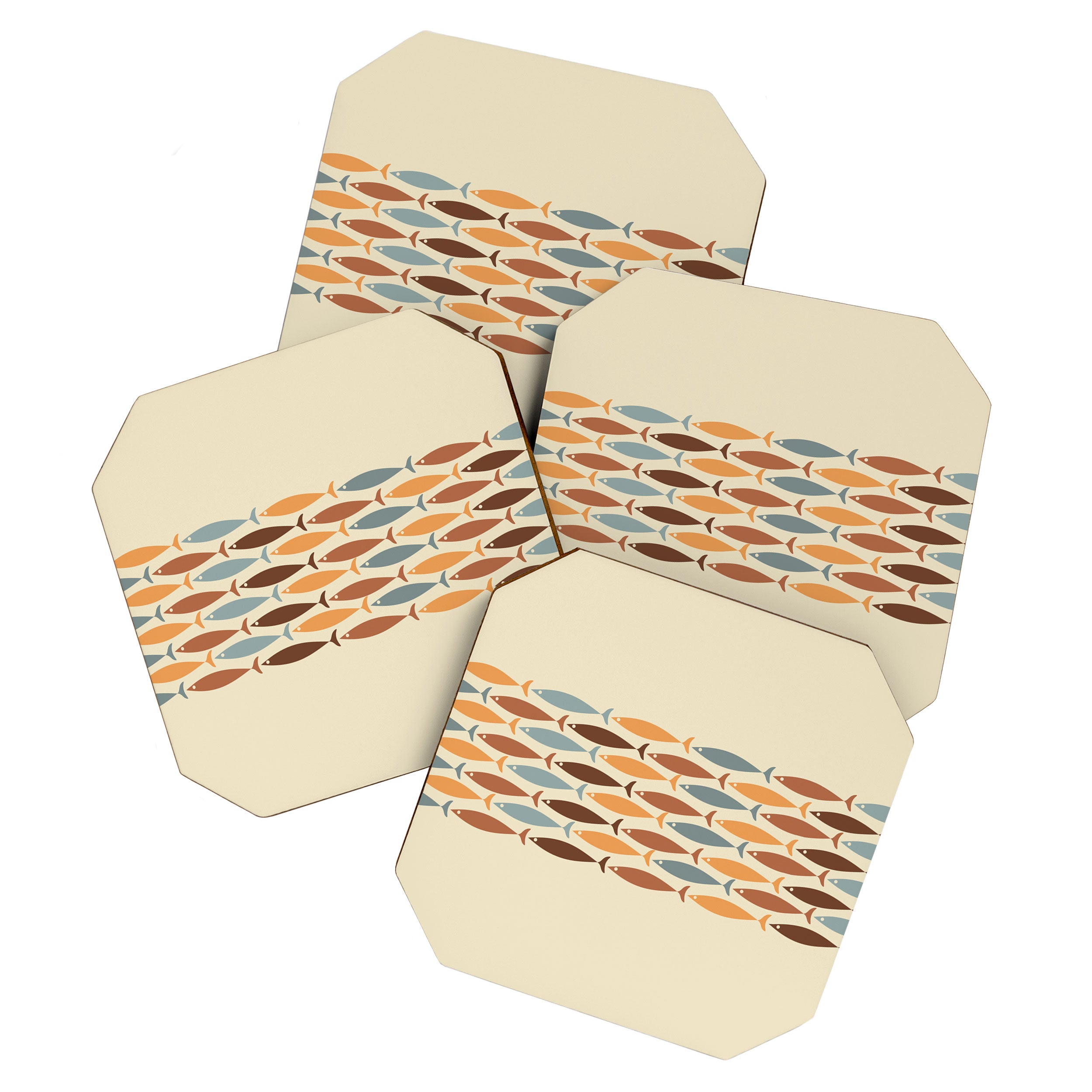 Fish Stripe Mid-Century Modern Minimalism in Slate Blue Brown Orange Beige Coaster Gallery Image 1