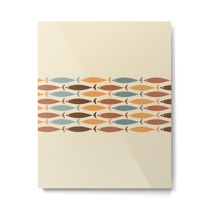 Fish Stripe Mid-Century Modern Minimalism in Slate Blue Brown Orange Beige Metal Print Gallery Image 1