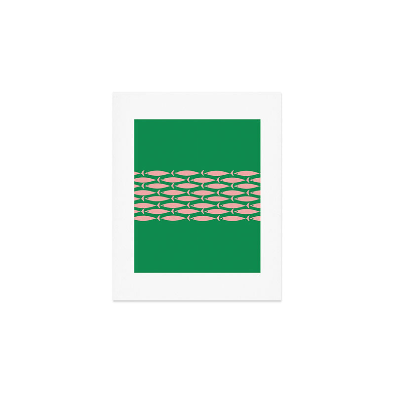 Fish Stripe Minimal Mid Century Modern Green and Pink Art Print Gallery Image 1