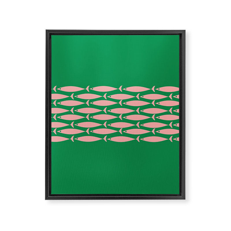 Fish Stripe Minimal Mid Century Modern Green and Pink Framed Canvas Print Gallery Image 8