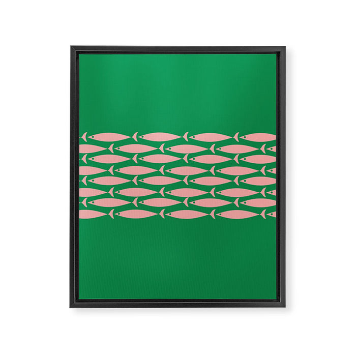 Fish Stripe Minimal Mid Century Modern Green and Pink Framed Canvas Print Gallery Image 1