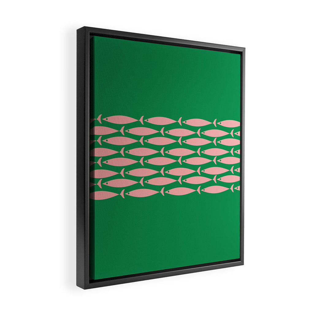 Fish Stripe Minimal Mid Century Modern Green and Pink Framed Canvas Print Gallery Image 2