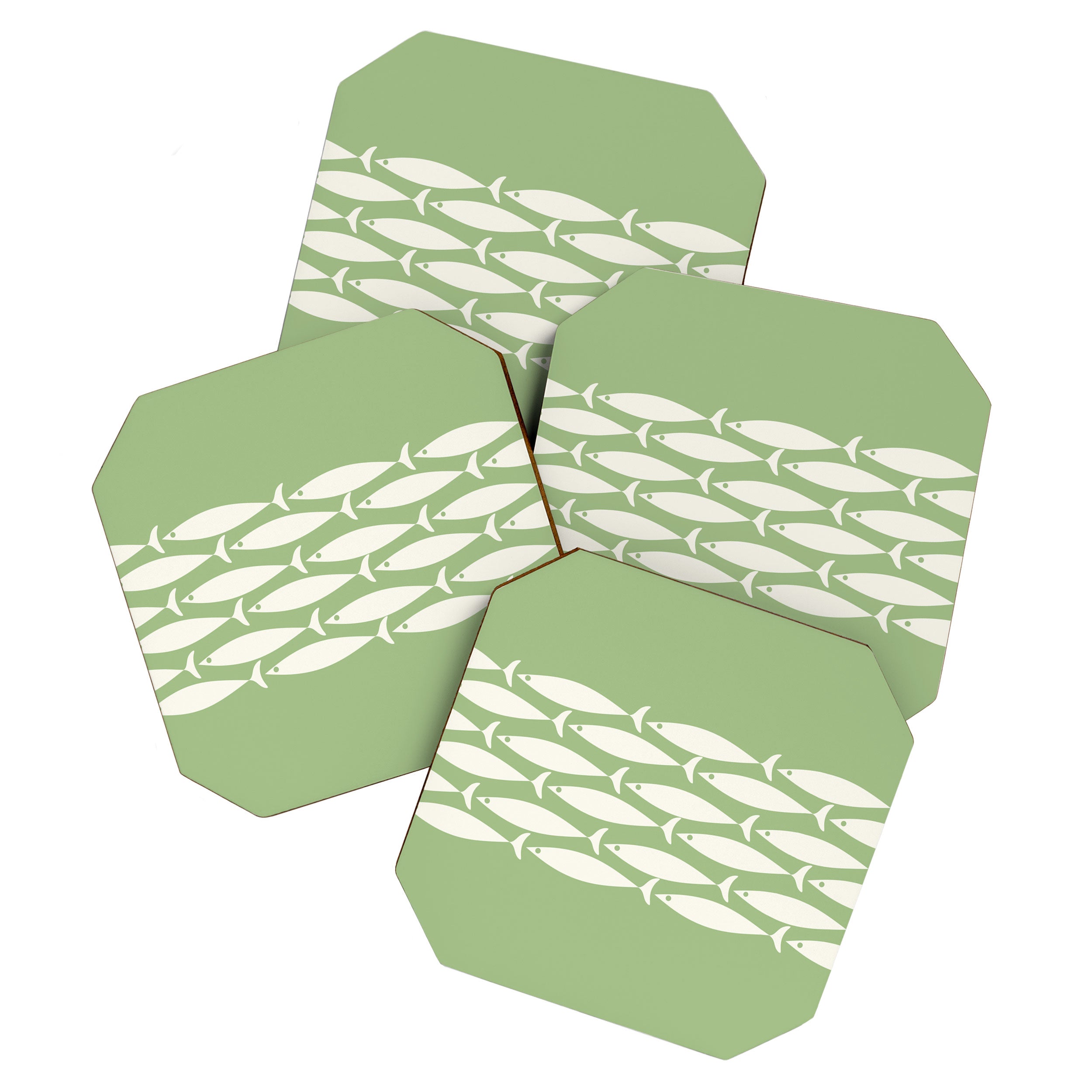 Fish Stripe Minimalist Mid-Century Pattern in Light Sage Green and Cream Coaster Gallery Image 1