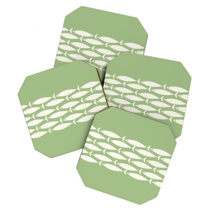 Fish Stripe Minimalist Mid-Century Pattern in Light Sage Green and Cream Coaster Gallery Image 1