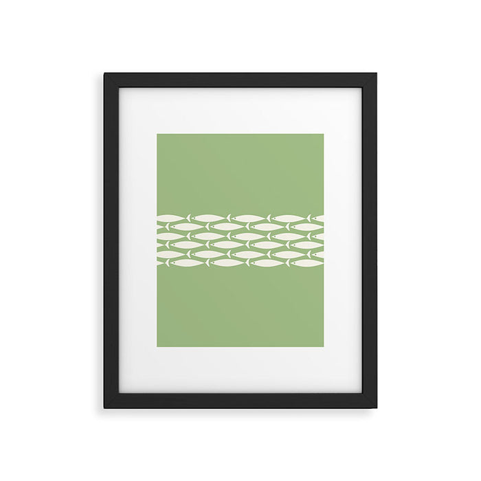 Fish Stripe Minimalist Mid-Century Pattern in Light Sage Green and Cream Framed Art Print Gallery Image 1