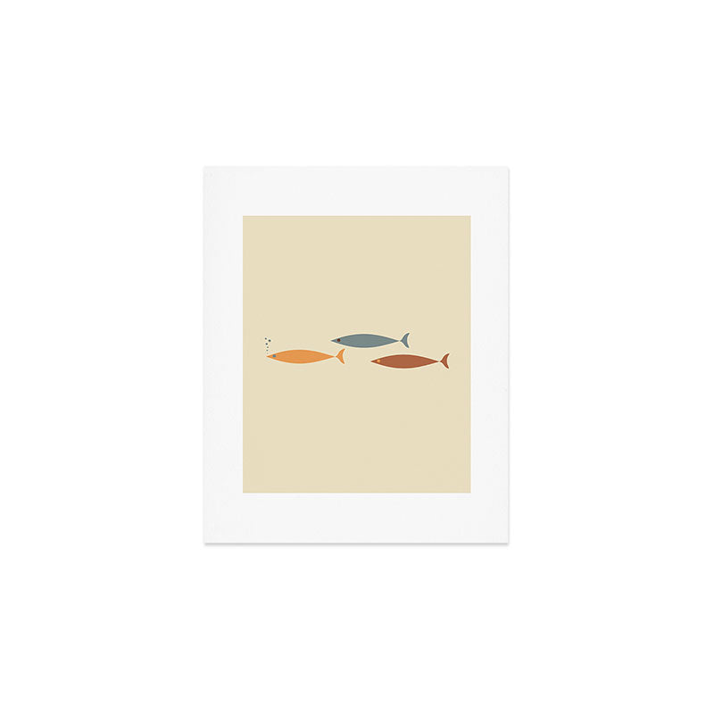Fish Trio Mid-Century Modern Minimalism in Orange, Slate Blue, Brown, and Cream Beige Art Print Gallery Image 1