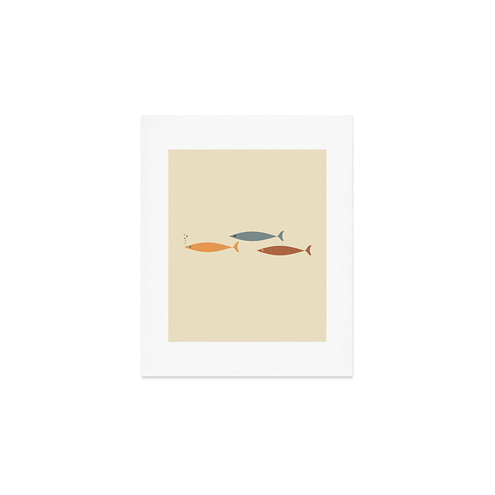 Fish Trio Mid-Century Modern Minimalism in Orange, Slate Blue, Brown, and Cream Beige Art Print Gallery Image 1