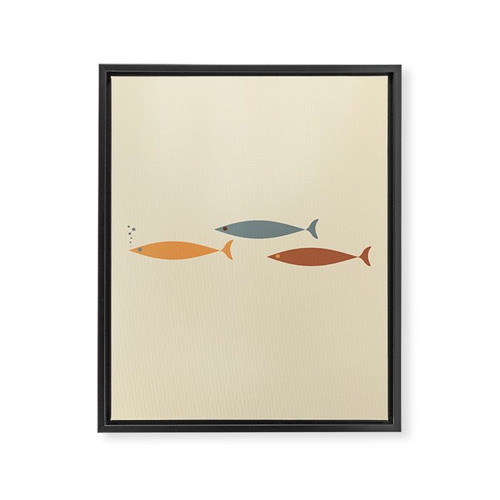 Fish Trio Mid-Century Modern Minimalism in Orange, Slate Blue, Brown, and Cream Beige Framed Canvas Print Gallery Image 1