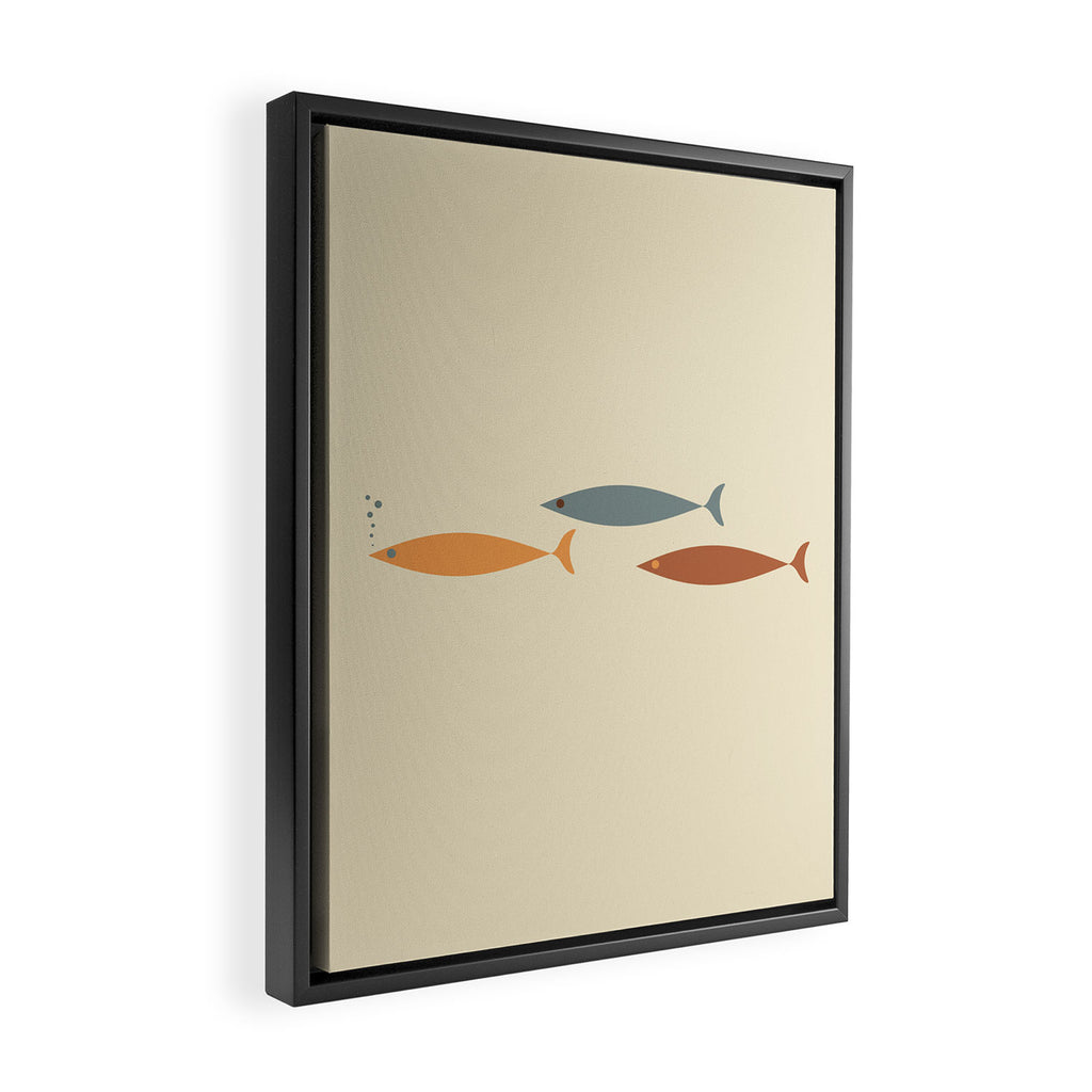 Fish Trio Mid-Century Modern Minimalism in Orange, Slate Blue, Brown, and Cream Beige Framed Canvas Print Gallery Image 2