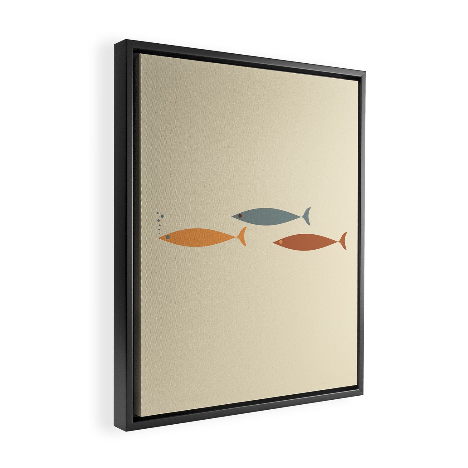 Fish Trio Mid-Century Modern Minimalism in Orange, Slate Blue, Brown, and Cream Beige Framed Canvas Print Gallery Image 2