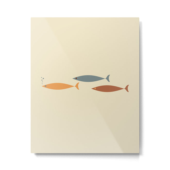 Fish Trio Mid-Century Modern Minimalism in Orange, Slate Blue, Brown, and Cream Beige Metal Print Gallery Image 1