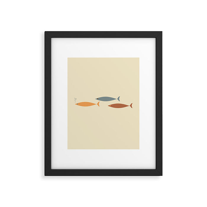 Fish Trio Mid-Century Modern Minimalism in Orange, Slate Blue, Brown, and Cream Beige Framed Art Print Gallery Image 1