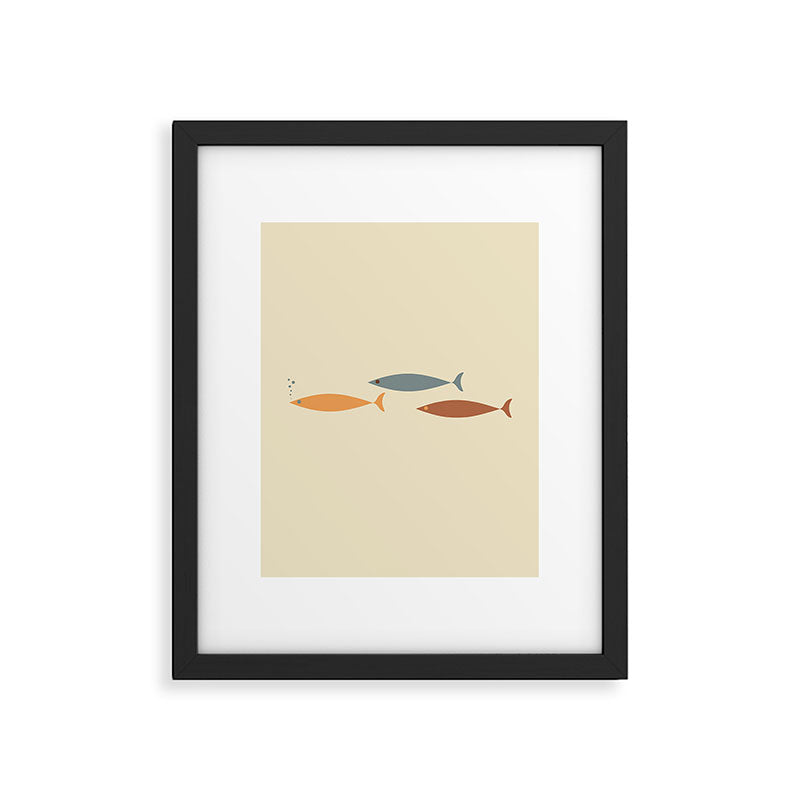 Fish Trio Mid-Century Modern Minimalism in Orange, Slate Blue, Brown, and Cream Beige Framed Art Print Gallery Image 4
