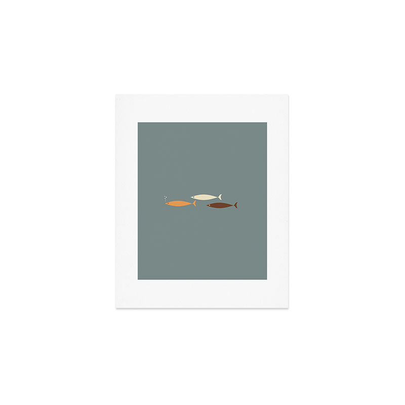 Fish Trio - Minimalist Mid-Century Slate Blue Orange Brown Cream Art Print Gallery Image 1