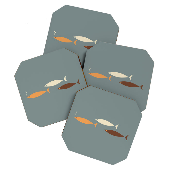 Fish Trio - Minimalist Mid-Century Slate Blue Orange Brown Cream Coaster Gallery Image 1