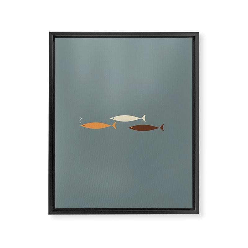 Fish Trio - Minimalist Mid-Century Slate Blue Orange Brown Cream Framed Canvas Print Gallery Image 8