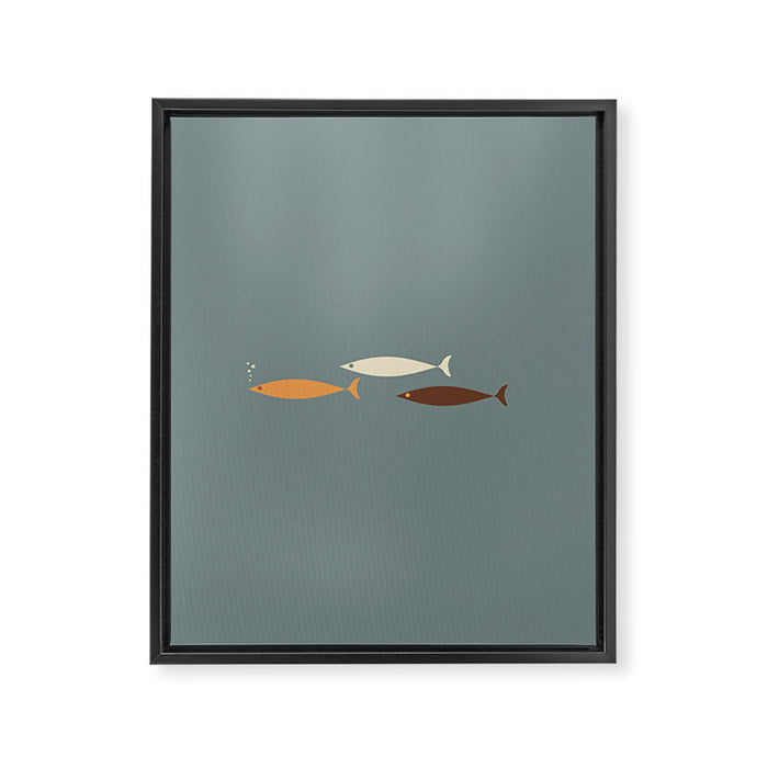 Fish Trio - Minimalist Mid-Century Slate Blue Orange Brown Cream Framed Canvas Print Gallery Image 1