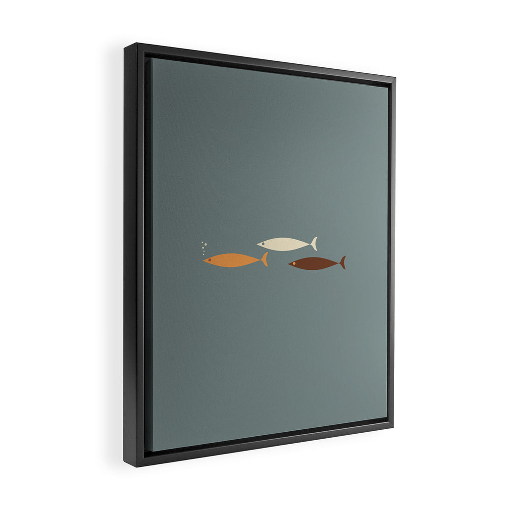 Fish Trio - Minimalist Mid-Century Slate Blue Orange Brown Cream Framed Canvas Print Gallery Image 2