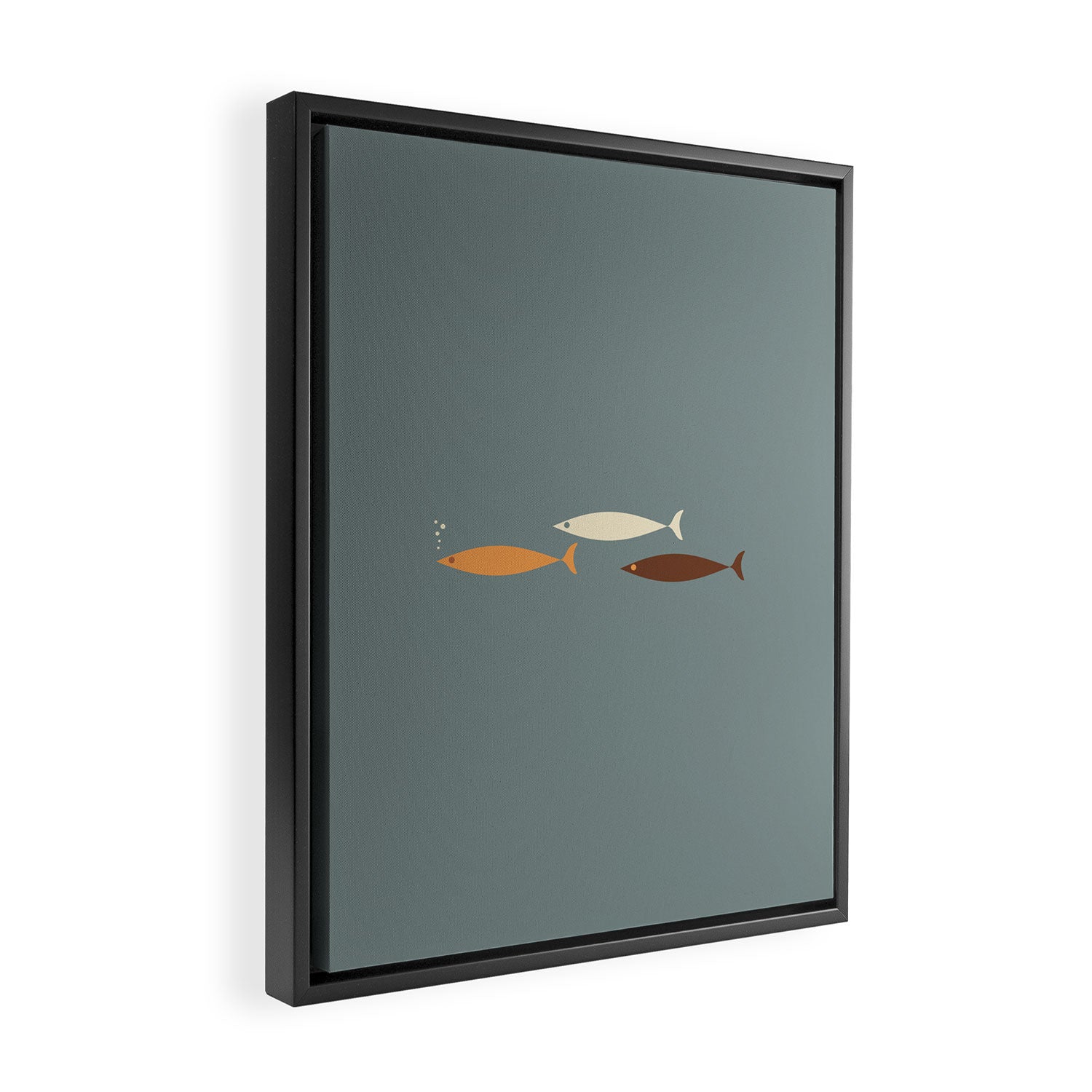 Fish Trio - Minimalist Mid-Century Slate Blue Orange Brown Cream Framed Canvas Print Gallery Image 2
