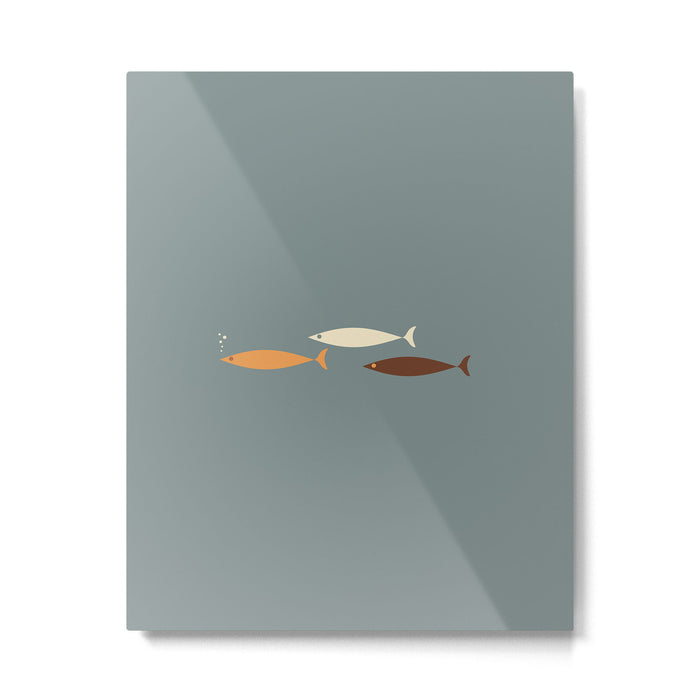 Fish Trio - Minimalist Mid-Century Slate Blue Orange Brown Cream Metal Print Gallery Image 1