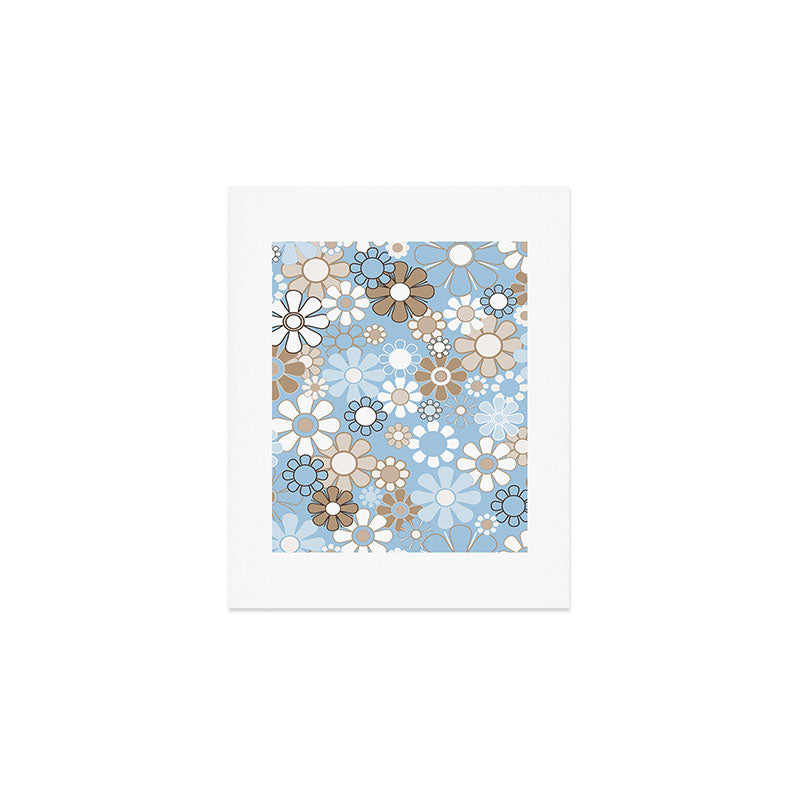 Floral Retro Garden Flower Pattern in Ice Blue Art Print Gallery Image 1