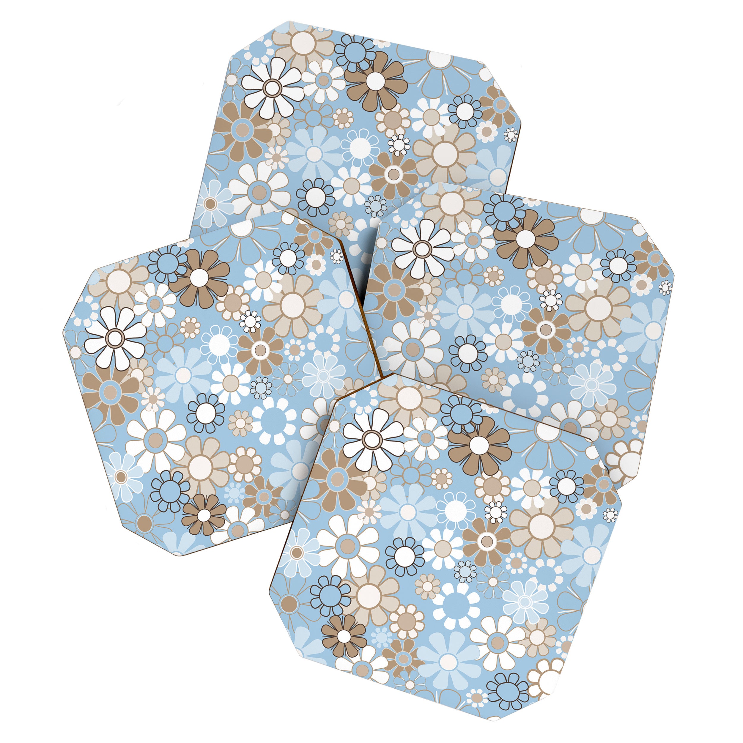 Floral Retro Garden Flower Pattern in Ice Blue Coaster Gallery Image 1