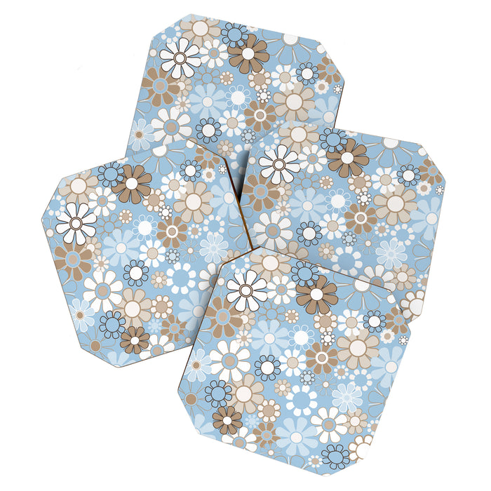 Floral Retro Garden Flower Pattern in Ice Blue Coaster Gallery Image 1