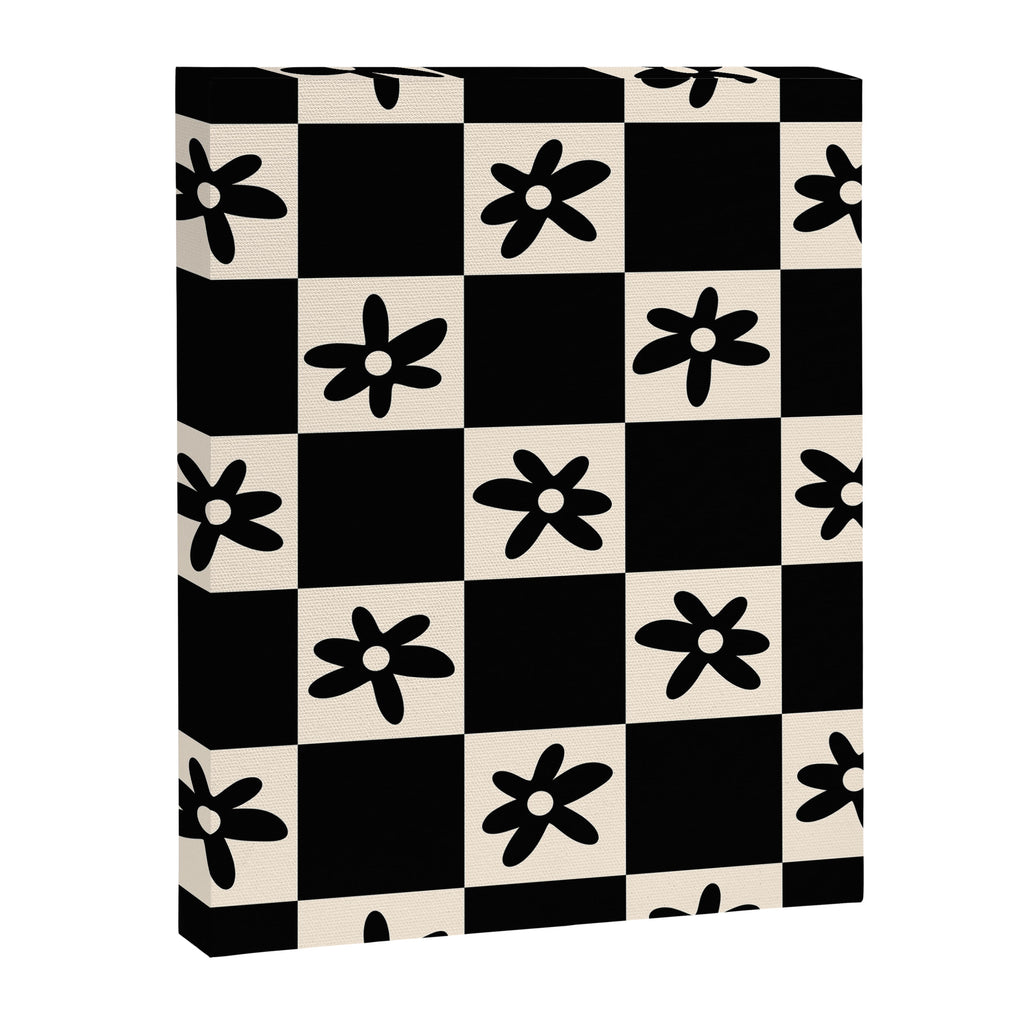 Flower Check Checkerboard Geometric Floral Pattern Black and Almond Cream Canvas Print Gallery Image 6